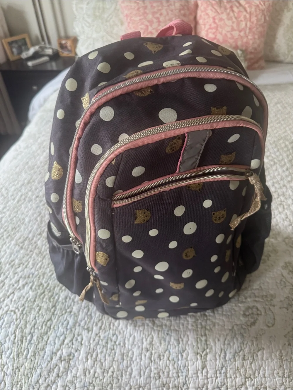 Cat & Jack Polka Dot Cat Print Black & Pink Backpack
